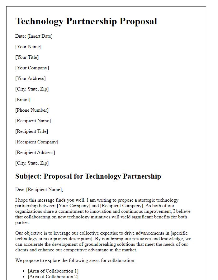 Letter template of a technology partnership proposal for innovation.