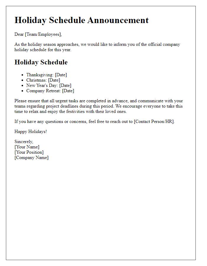 Letter template of company holiday schedule communication