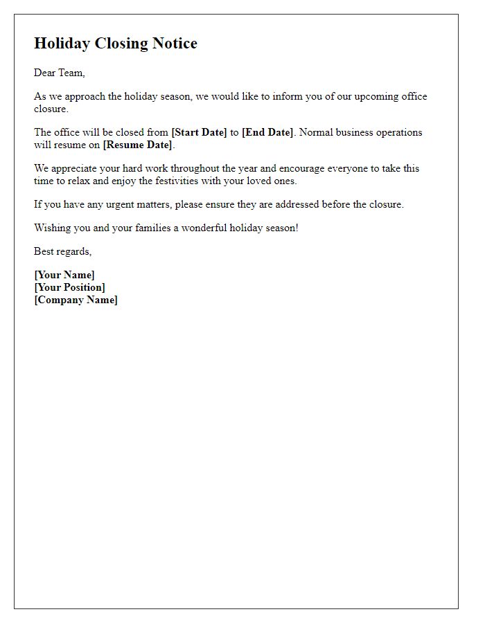 Letter template of holiday closing notice to employees