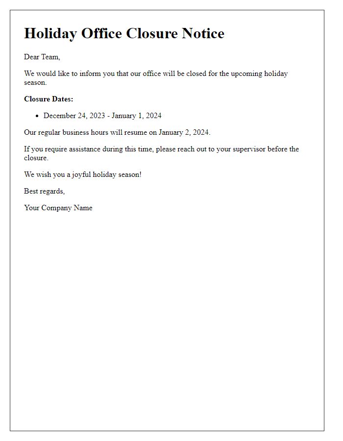 Letter template of holiday office closure details