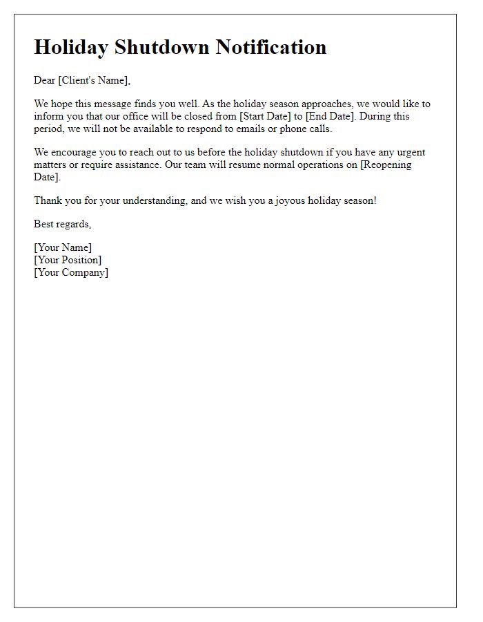 Letter template of holiday shutdown email for clients