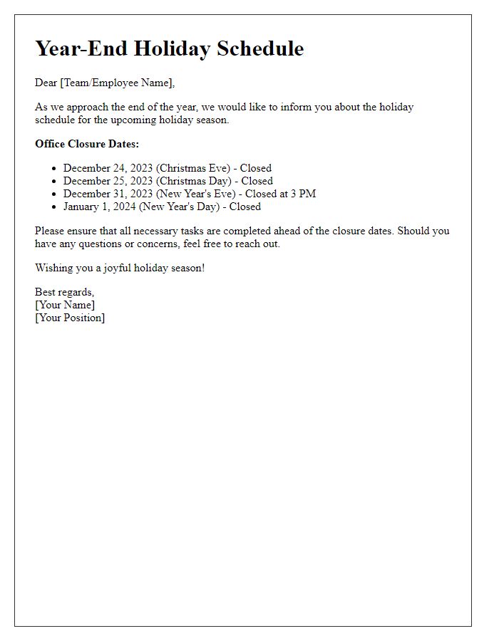 Letter template of year-end holiday schedule