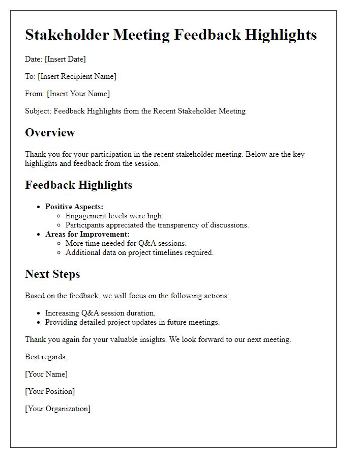Letter template of stakeholder meeting feedback highlights