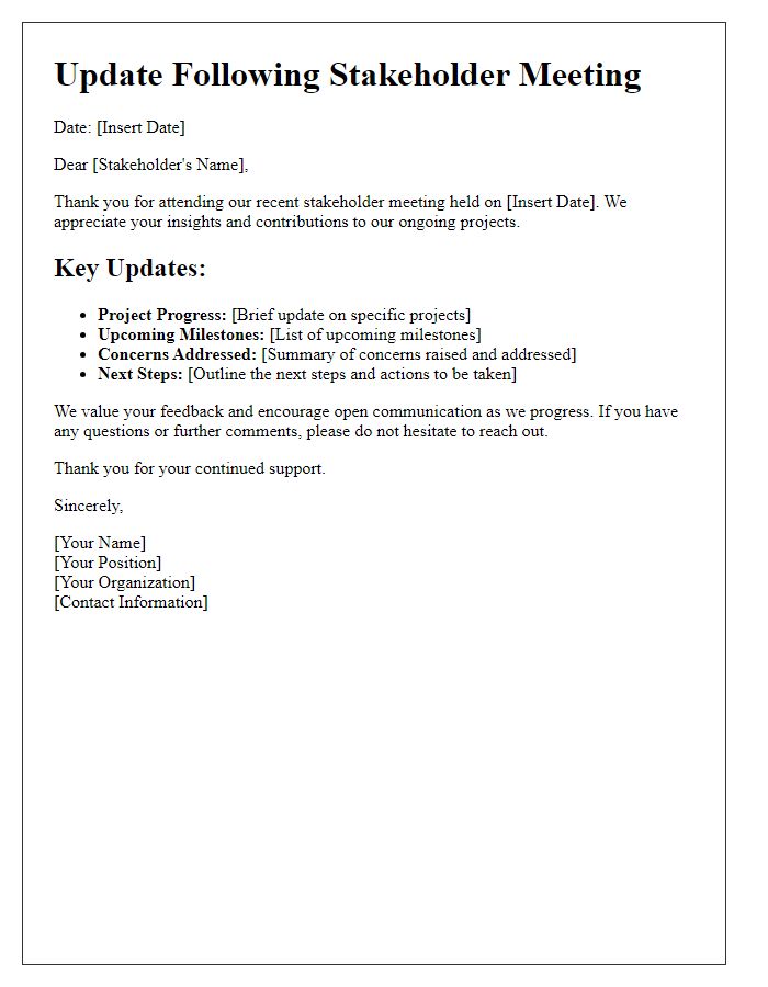 Letter template of updates following stakeholder meeting