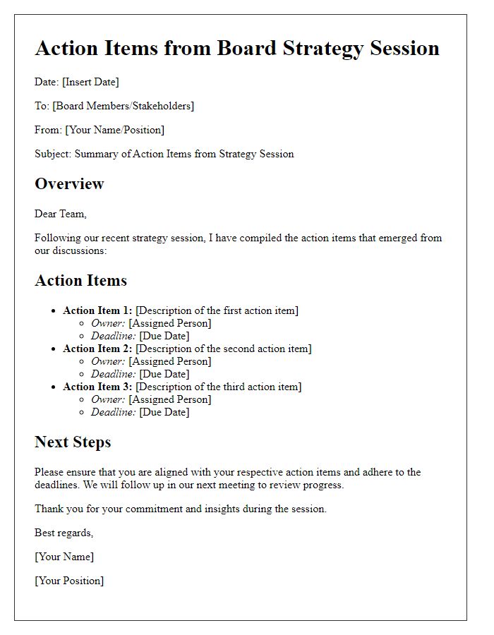 Letter template of action items from board strategy session