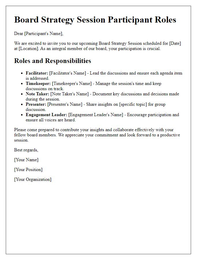 Letter template of participant roles for board strategy session