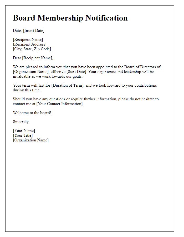 Letter template of board membership notification