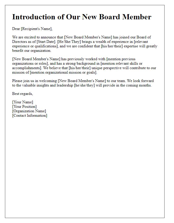 Letter template of new board member introduction