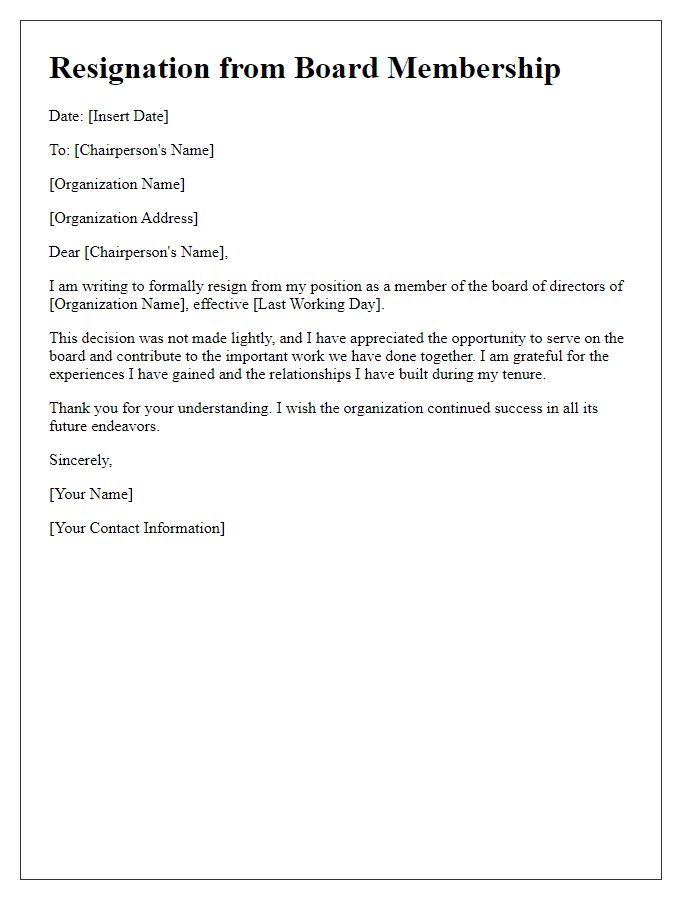 Letter template of resignation from board membership