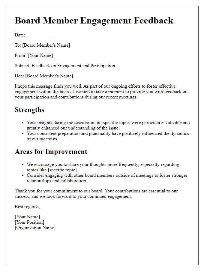 Letter template of board member engagement feedback.