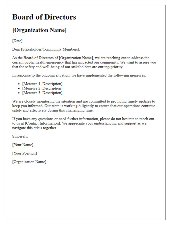 Letter template of board crisis communication for public health emergencies.