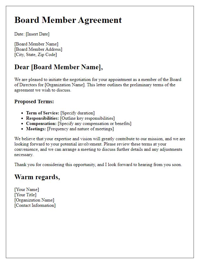 Letter template of Board Member Agreement Negotiation