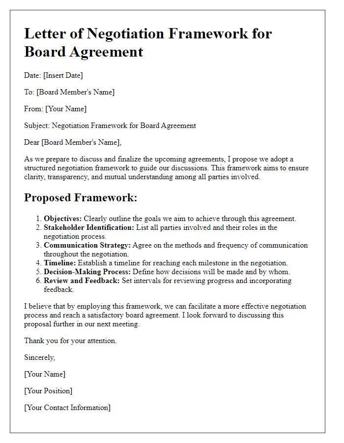 Letter template of Negotiation Framework for Board Agreement