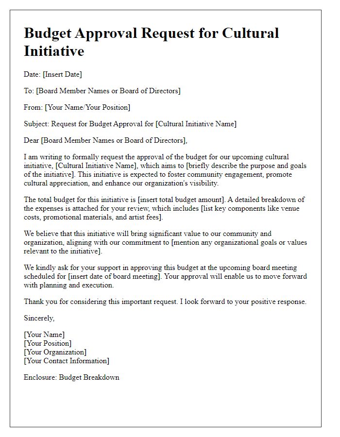 Letter template of budget approval request for cultural initiative from the board