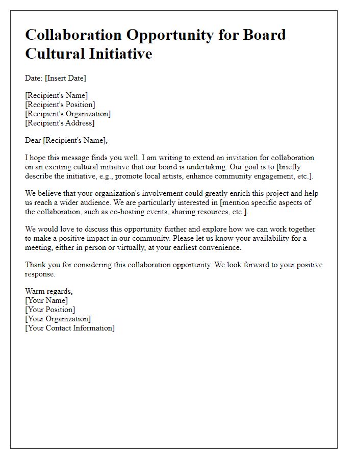 Letter template of collaboration opportunity for board cultural initiative