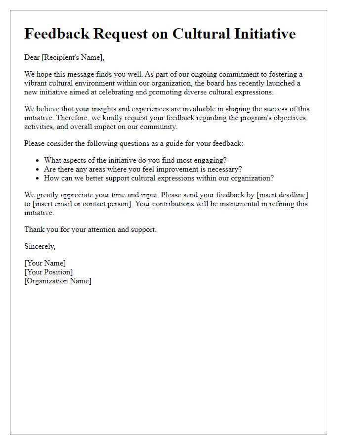 Letter template of feedback solicitation on cultural initiative from the board