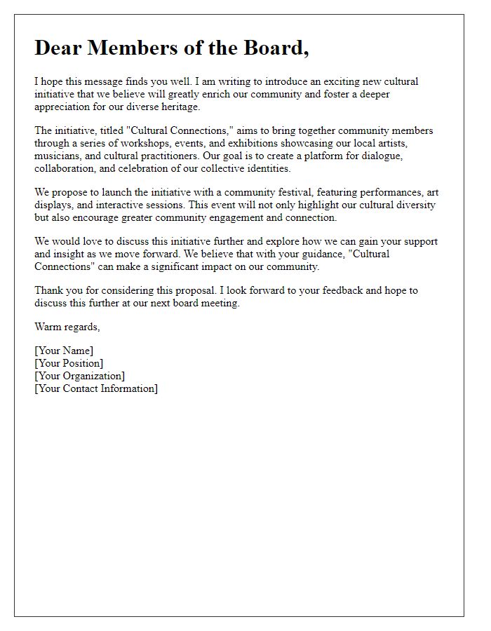 Letter template of introduction for a new cultural initiative to the board