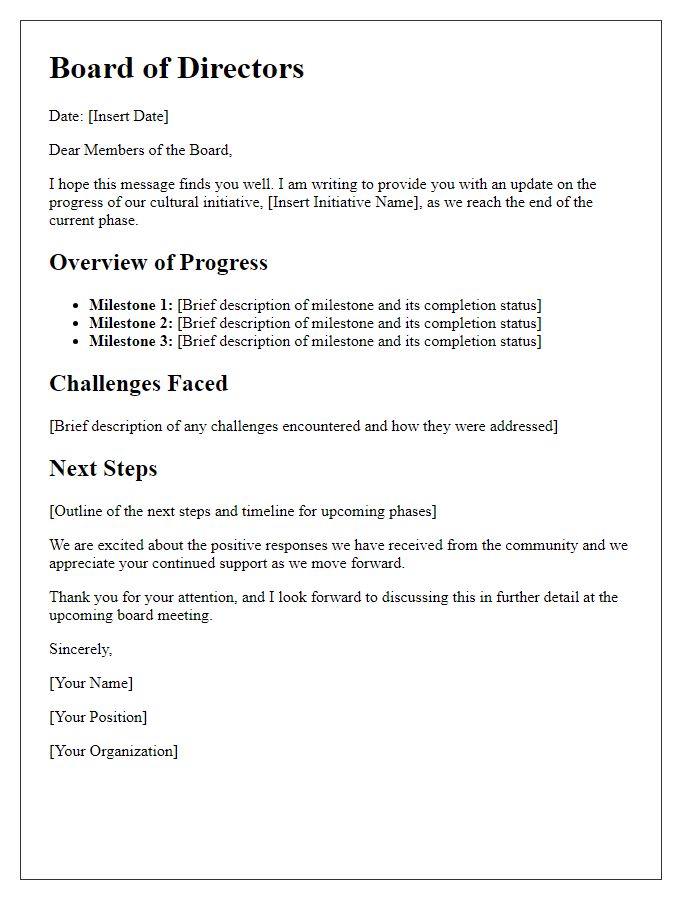 Letter template of update on cultural initiative progress to the board