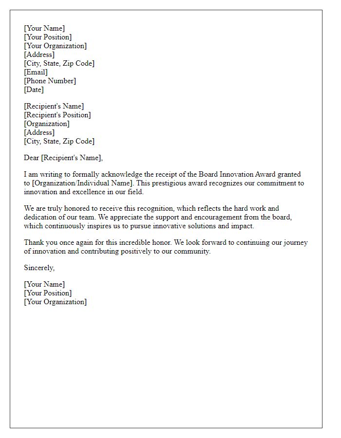 Letter template of acknowledgment for board innovation award