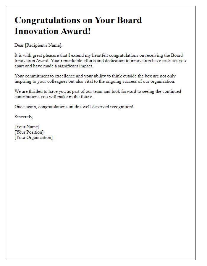 Letter template of congratulatory message for board innovation award