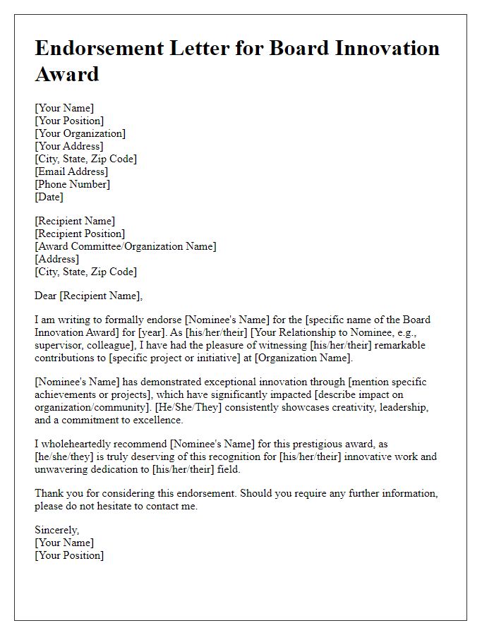 Letter template of endorsement for board innovation award