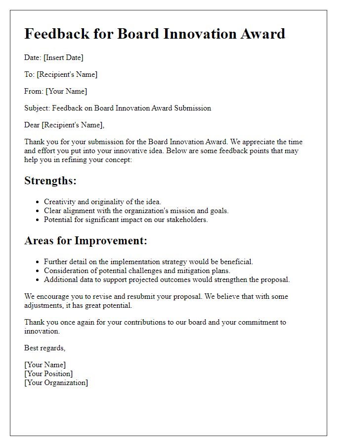 Letter template of feedback for board innovation award