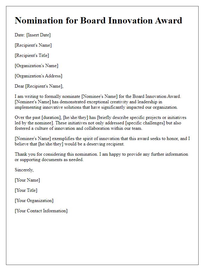 Letter template of nomination for board innovation award