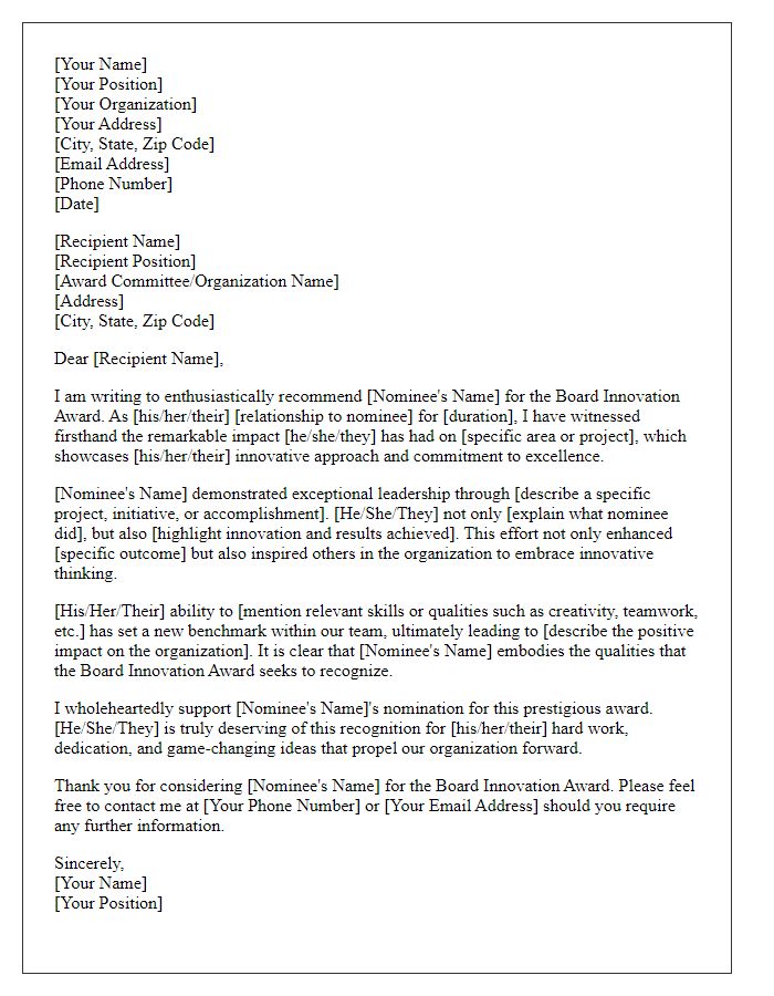 Letter template of recommendation for board innovation award