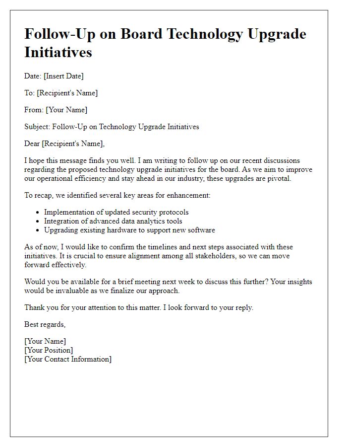 Letter template of follow-up on board technology upgrade initiatives