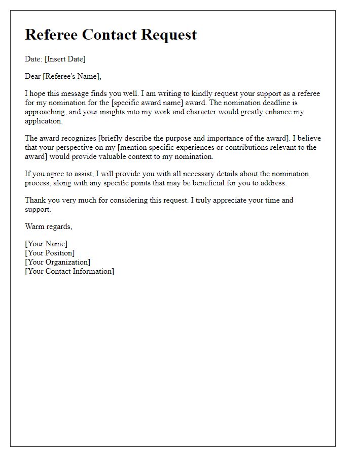 Letter template of referee contact request for award nomination