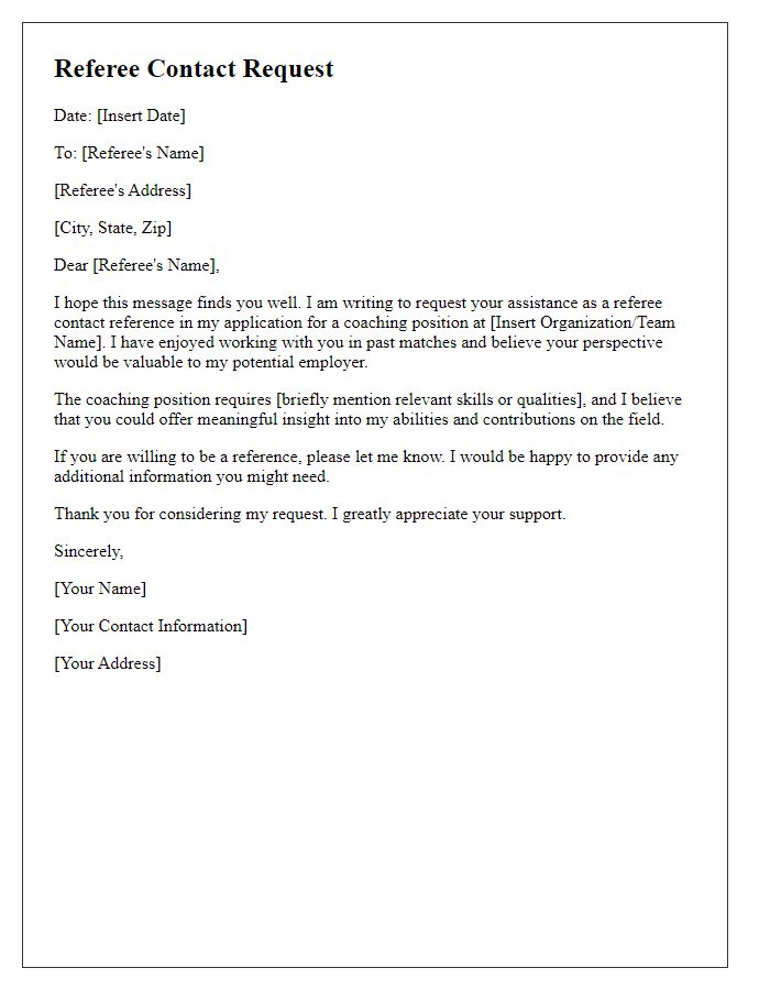 Letter template of referee contact request for coaching position