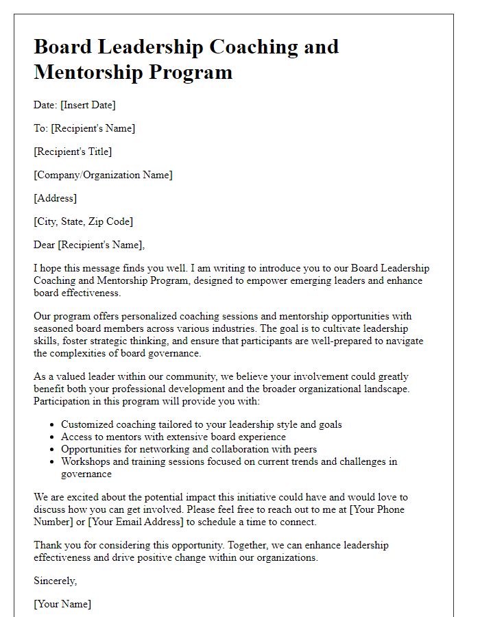 Letter template of Board Leadership Coaching and Mentorship