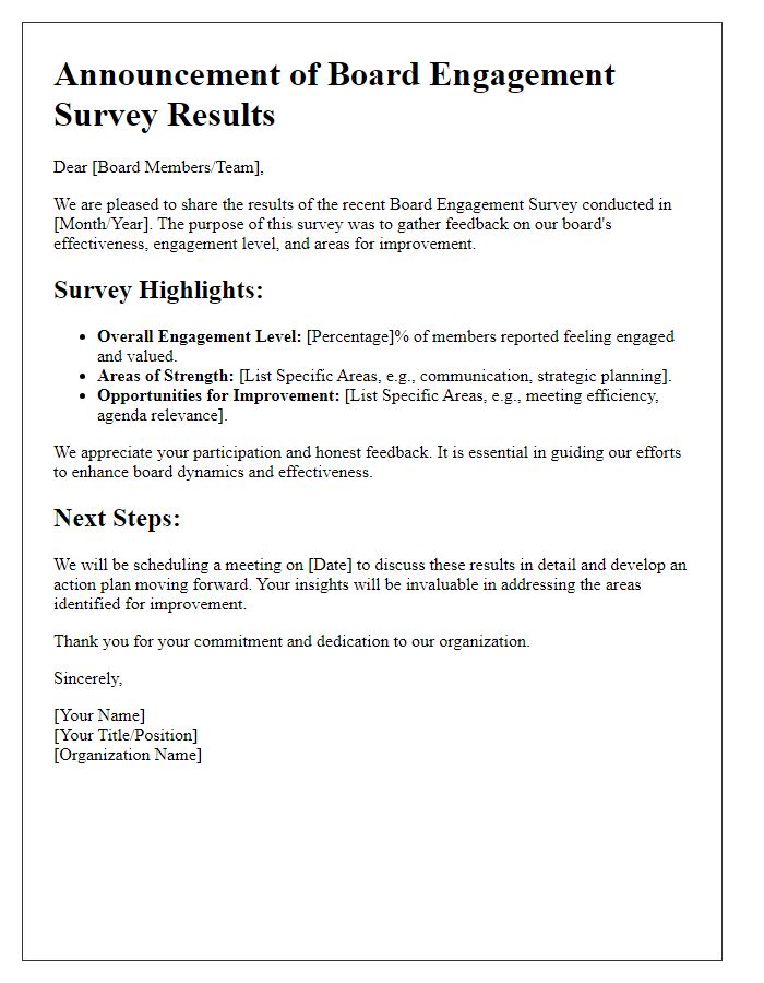 Letter template of board engagement survey results announcement