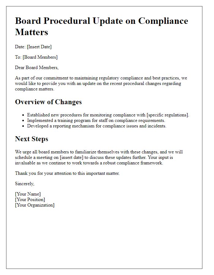 Letter template of board procedural update for compliance matters