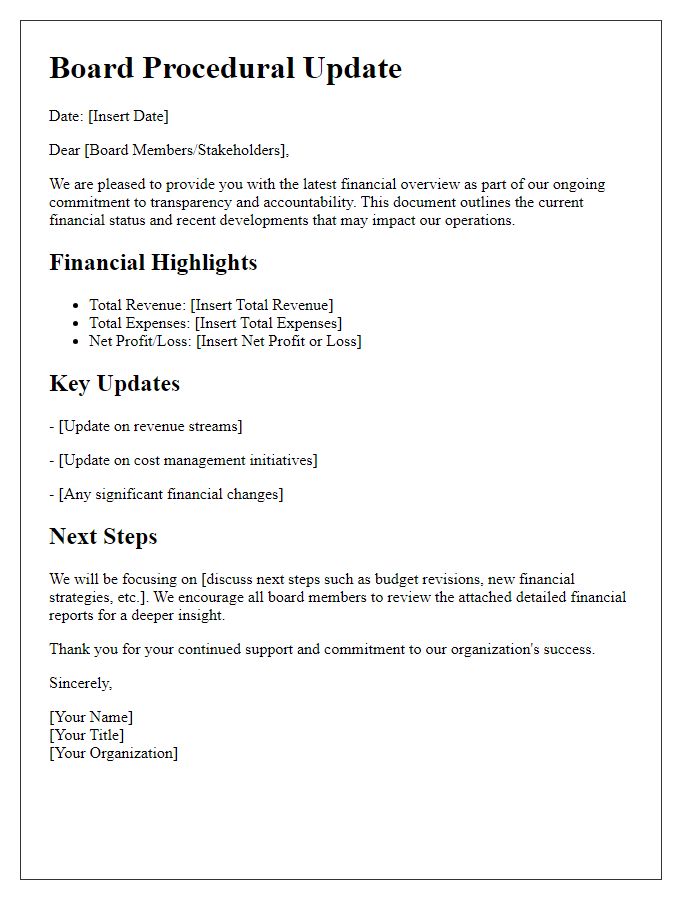 Letter template of board procedural update for financial overview