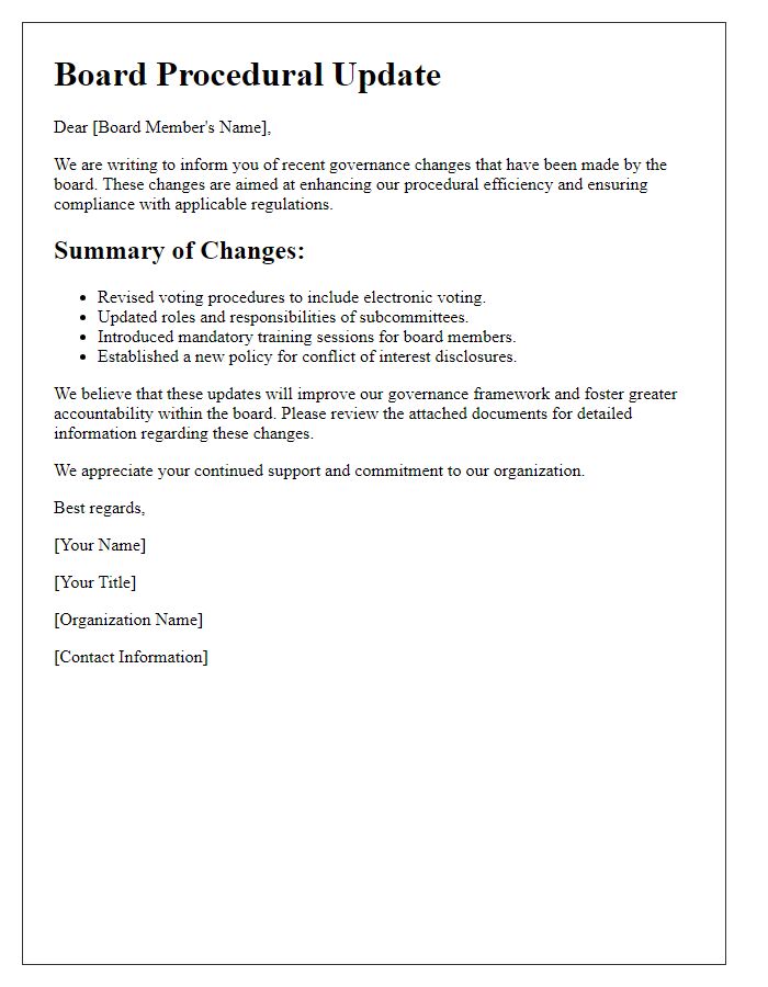 Letter template of board procedural update for governance changes