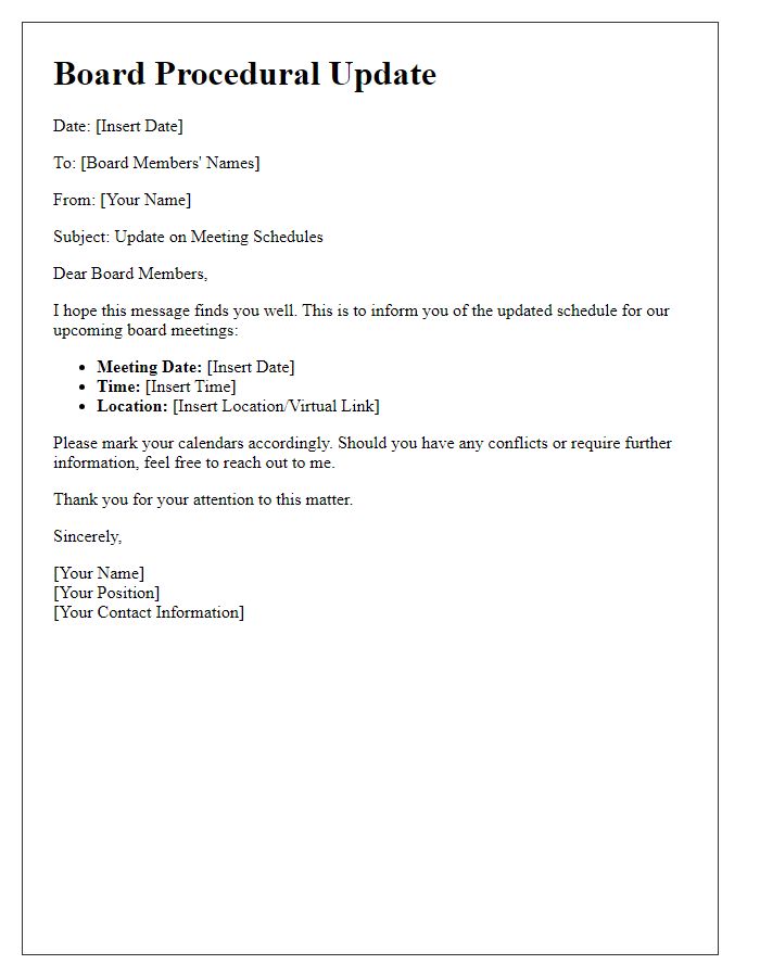 Letter template of board procedural update for meeting schedules