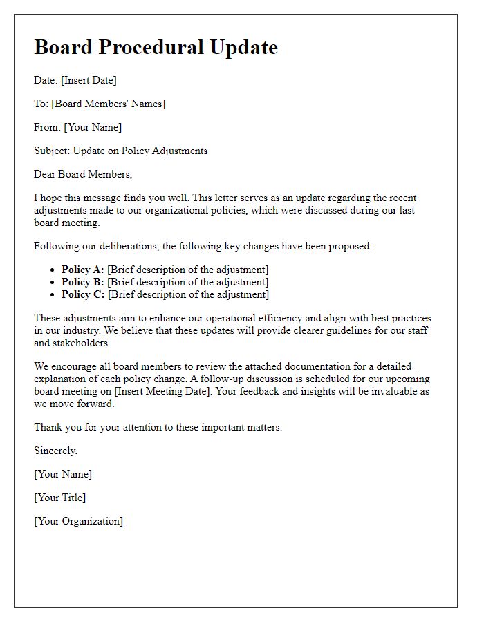 Letter template of board procedural update for policy adjustments