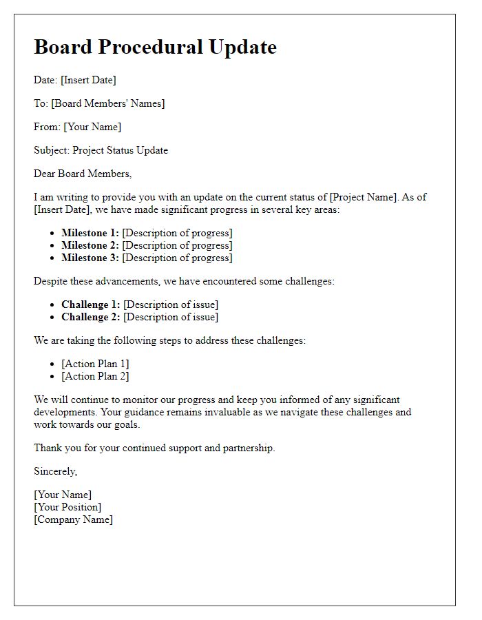 Letter template of board procedural update for project status