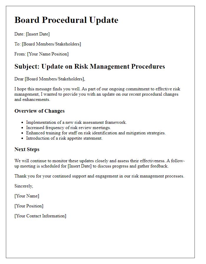 Letter template of board procedural update for risk management