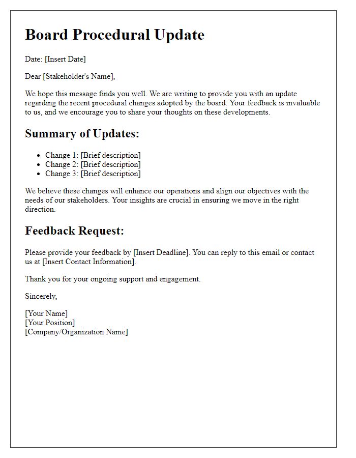 Letter template of board procedural update for stakeholder feedback