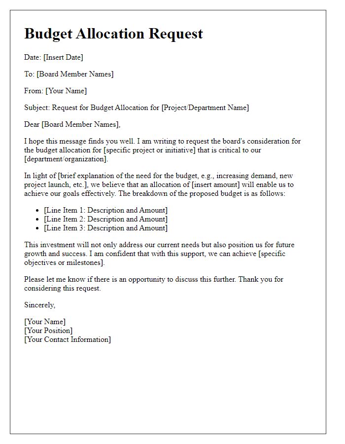 Letter template of budget allocation request for board consideration