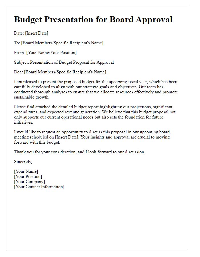 Letter template of budget presentation for board approval