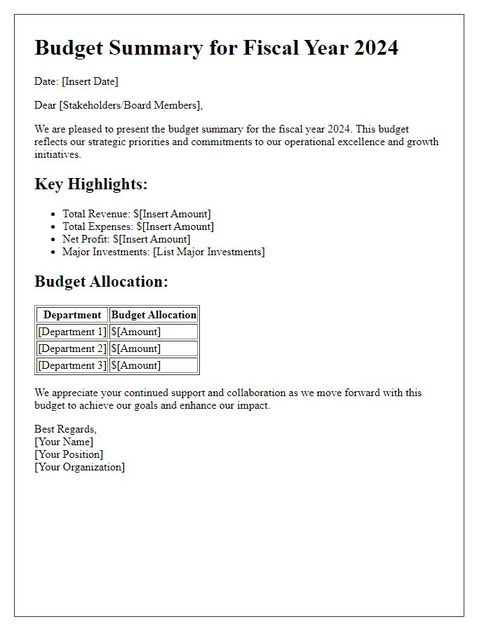 Letter template of budget summary for board stakeholders