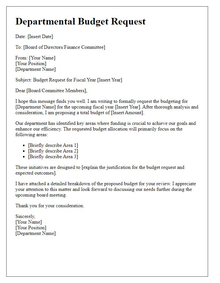 Letter template of departmental budget requests for board assessment