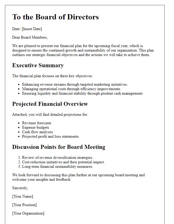 Letter template of financial plan for board discussion