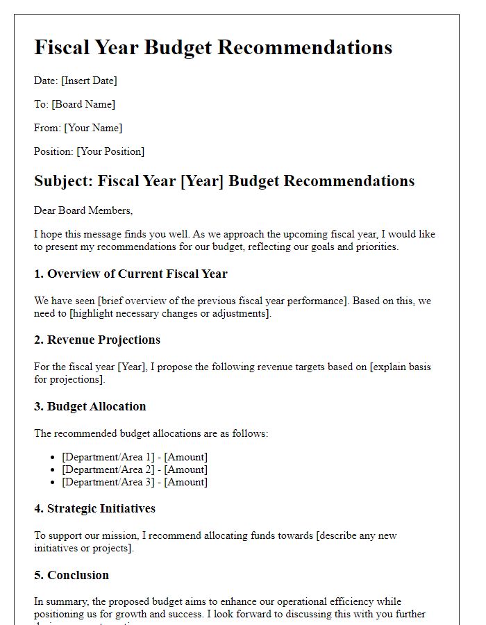 Letter template of fiscal year budget recommendations for board