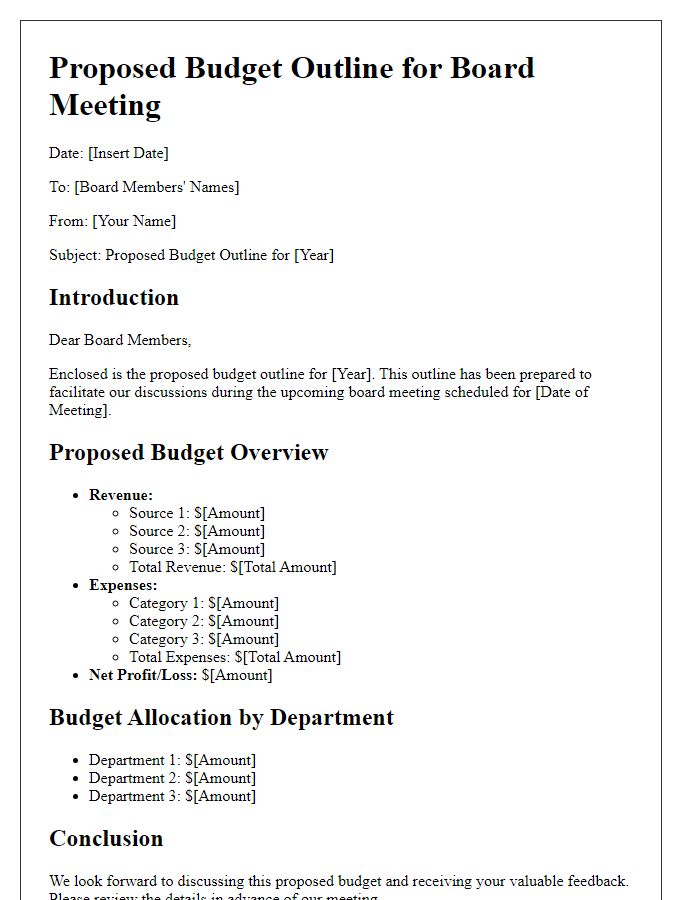 Letter template of proposed budget outline for board meeting