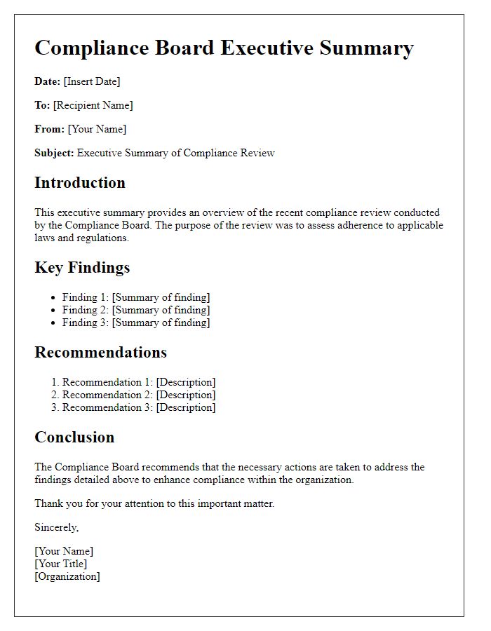 Letter template of a compliance board executive summary