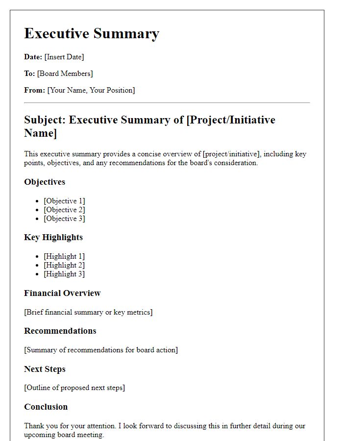 Letter template of a concise board executive summary